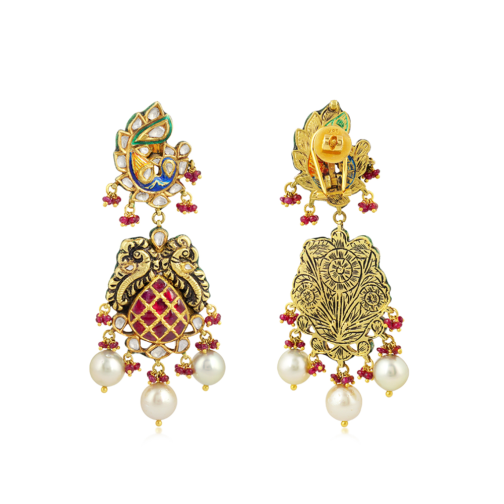 Peacock Stud Earrings with Polki, Ruby Talafs, and Pearls